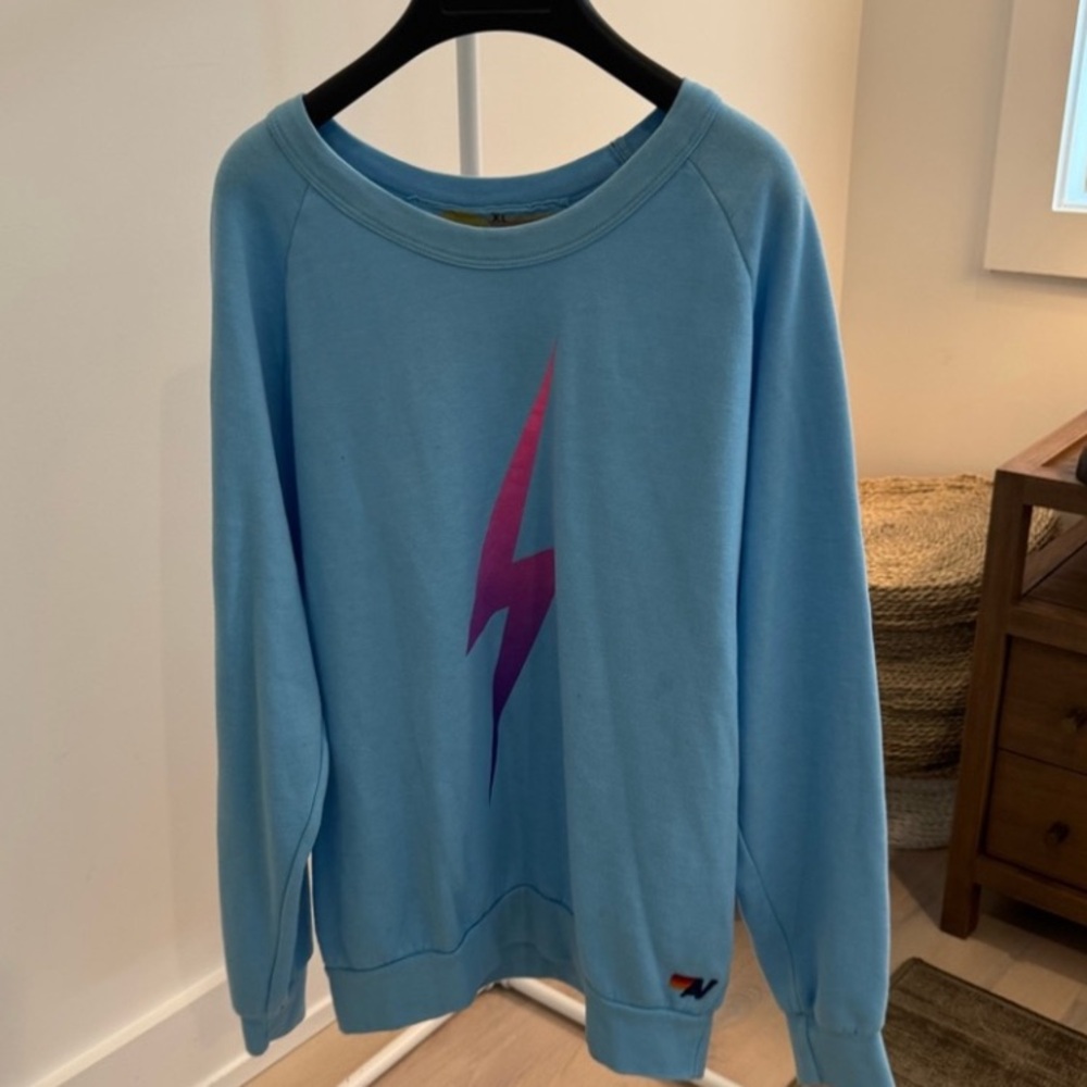 Aviator Nation Blue Sweatshirt with Pink Lightning Bolt